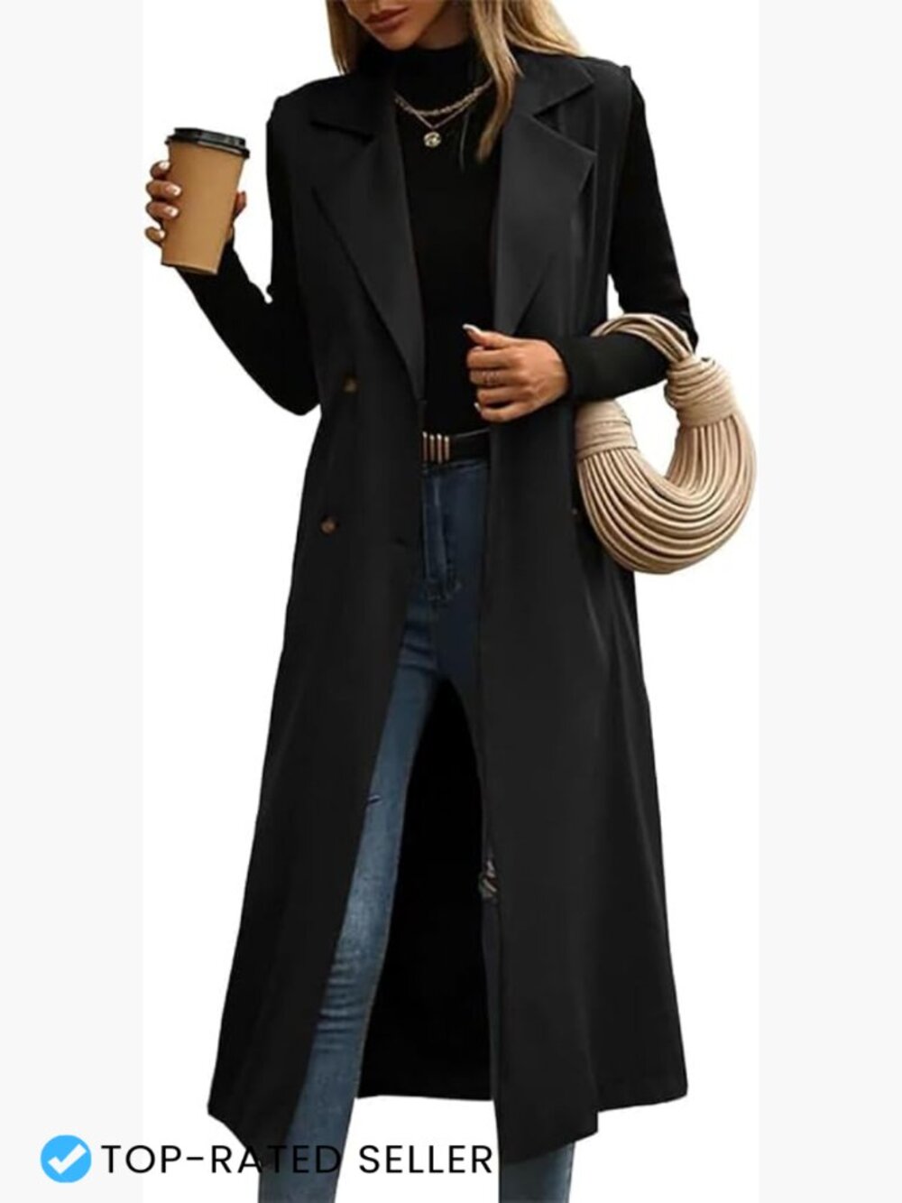 Long Sleeveless Trench Coat Vest Double Breasted Belted Business Casual Chic